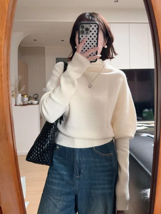 法式别致堆堆领套头毛衣慵懒风蝙蝠袖宽松显瘦叠穿外套上衣K1-75