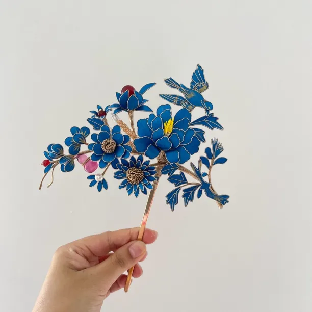 非遗绒花｜仿故宫文物款牡丹掐丝绒花发簪 仿点翠绒花发簪