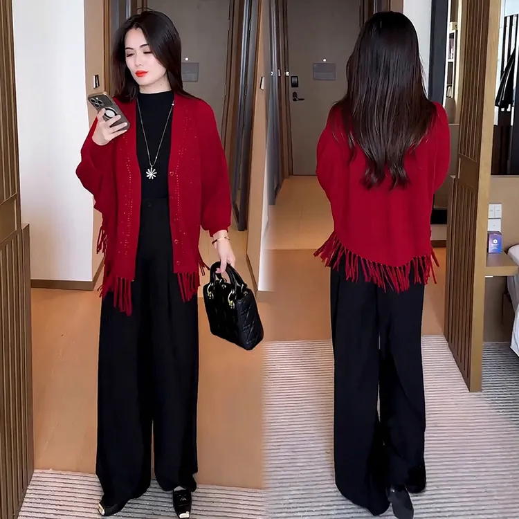 时尚针织外套女2025秋季新款时髦洋气流苏针织开衫宽松显瘦短外套