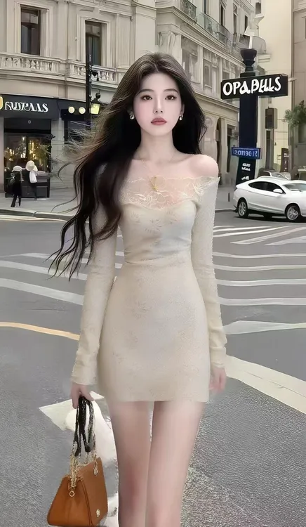 轻奢高级御姐气质辣妹风杏色一字肩露肩修身长袖收腰包臀连衣裙