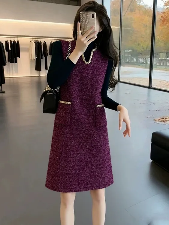 紫色小香风背心裙子女冬季配大衣气质叠穿法式高级感巨好看连衣裙