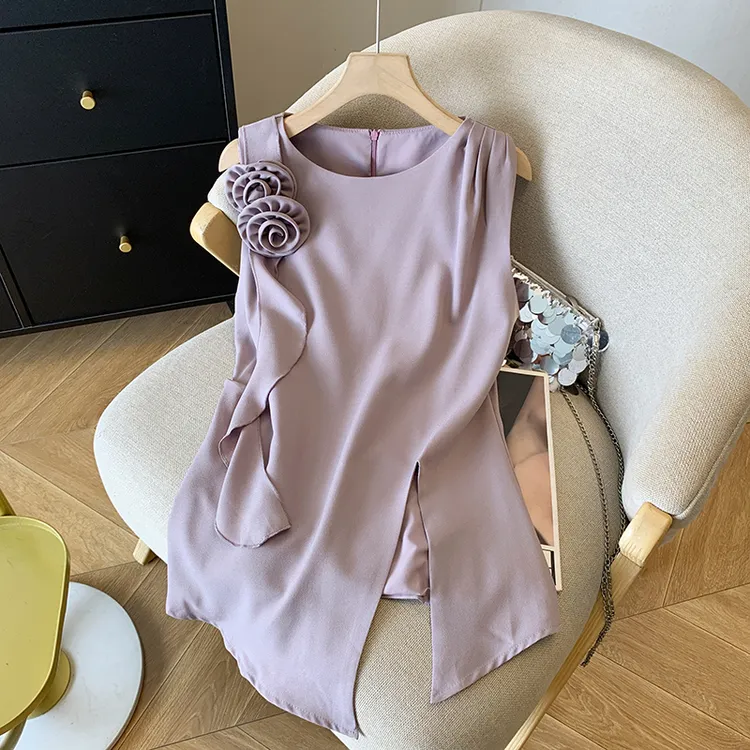 法式优雅立体花朵飘带侧开叉背心女夏外穿浪漫紫色气质无袖上衣女