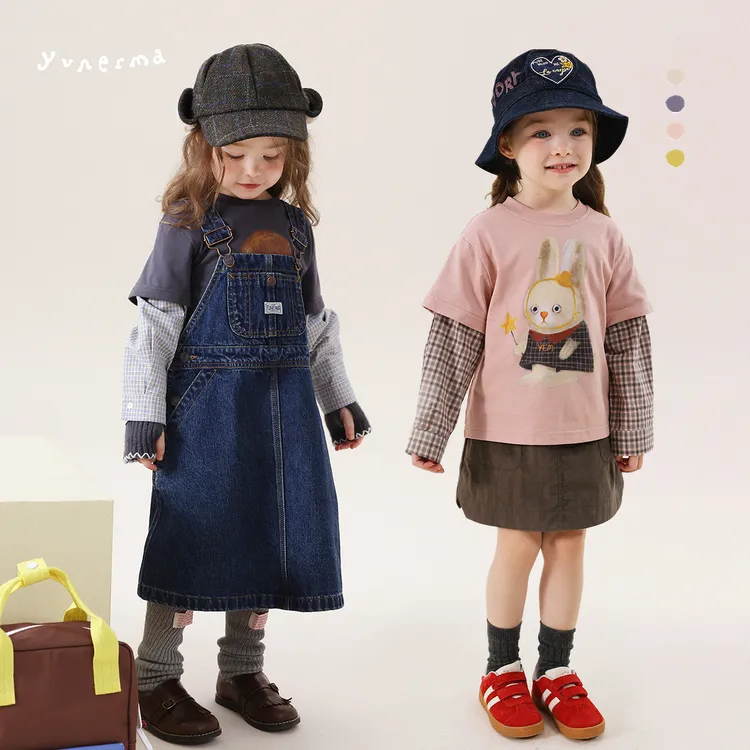 【原创插画师合作款】允儿妈女童秋季拼接格子衬衫假两件儿童T恤