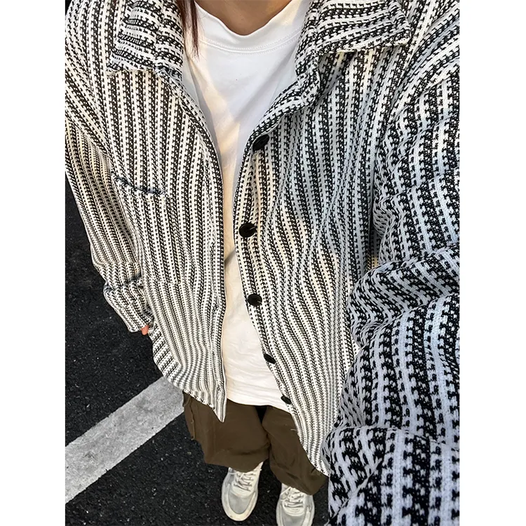 小香风鱼骨纹加绒衬衫男秋冬高级感美式条纹衬衣外套潮牌厚款上衣