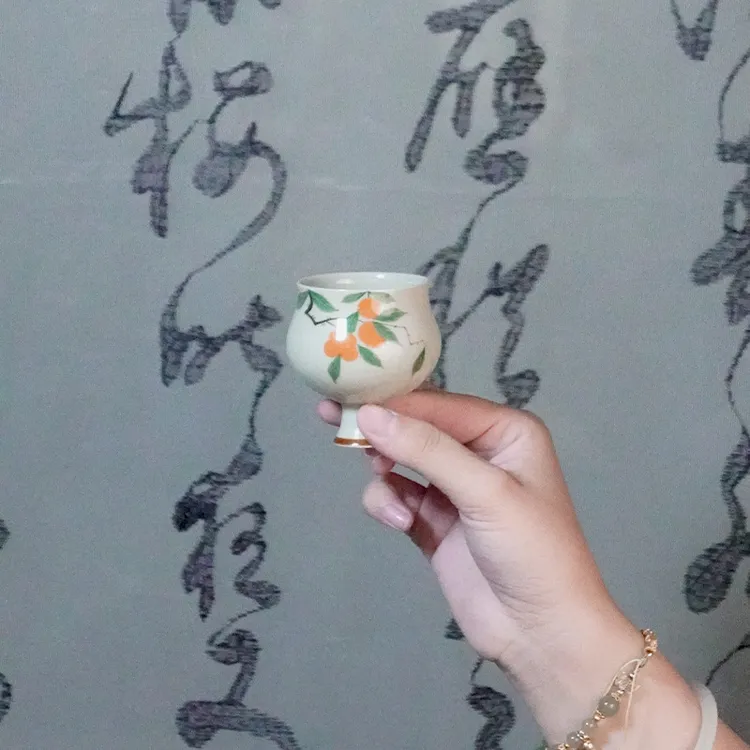 谷陶南坊纯手绘制作万柿如意小茶杯精致造型中式审美