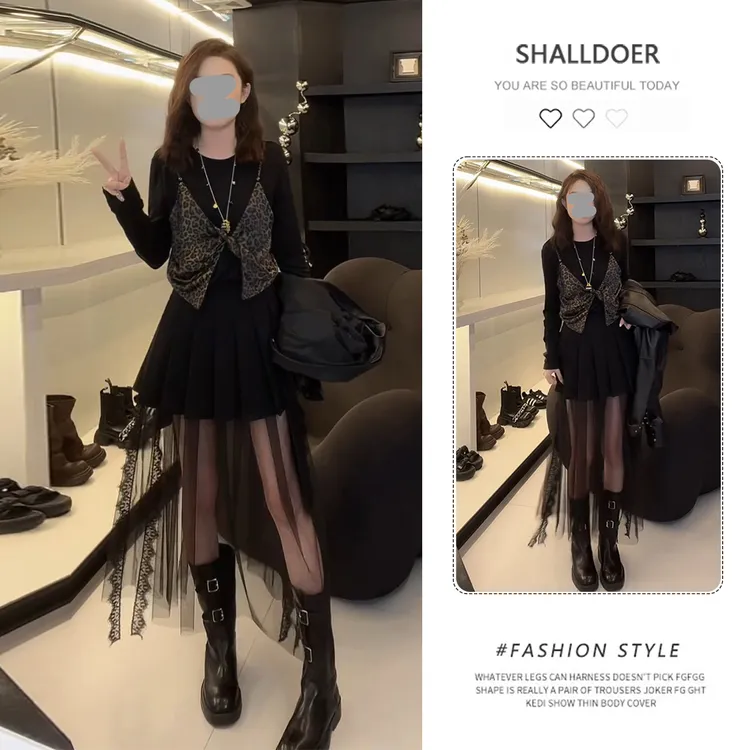 老钱风松驰感套装女2025春秋新款假两件针织长袖网纱半身裙两件套