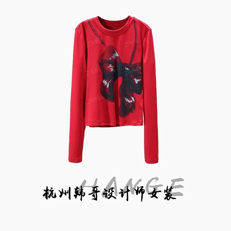 【韩哥女装】2025秋冬新品《玲珑系列》浆果红印染高弹上衣26022-A2