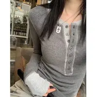 门店39&9！亨利打底衫」韩系灰色假两件长袖内搭上衣女 D40055