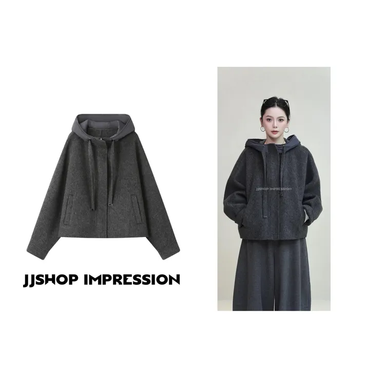 【毛呢外套】JJSHOP IMPRESSION秋冬羊毛耗牛绒拼接短款连帽外套