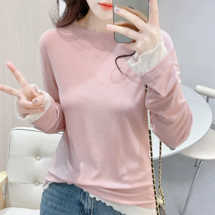 温柔风粉色长袖T恤女秋季莱赛尔百搭显瘦正肩圆领木耳边打底上衣