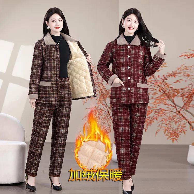 时尚妈妈中老年女装翻领两件套装加绒加厚保暖洋气秋冬装棉衣棉裤