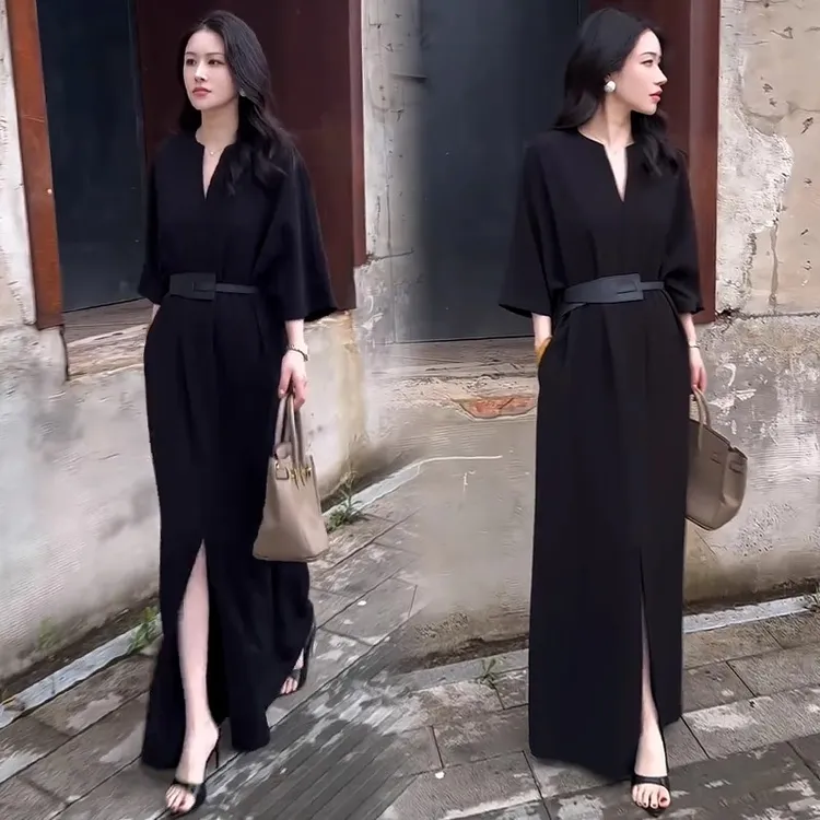 大码女装黑色连衣裙夏秋新款高个子长款开叉赫本风减龄显瘦长裙子