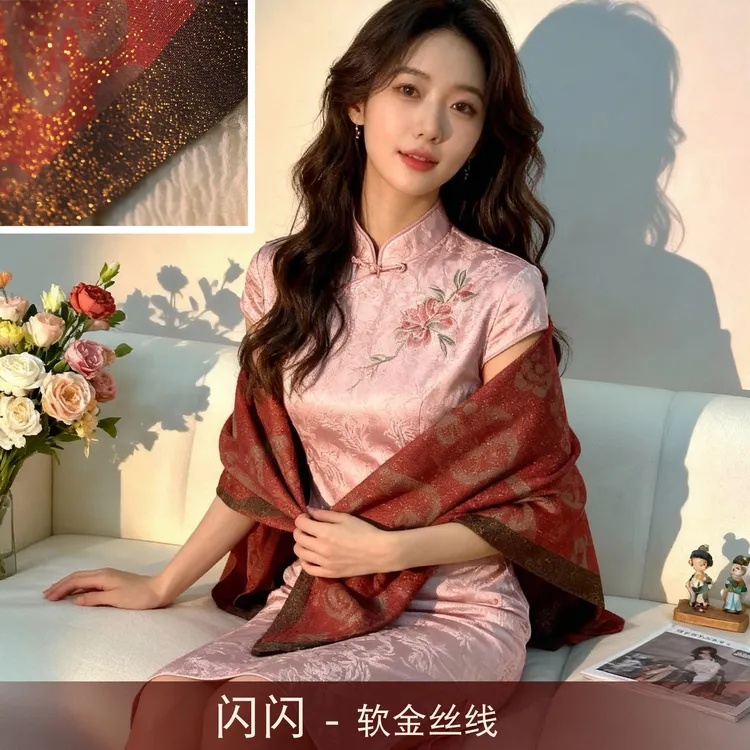 软金丝线闪亮浪漫玫瑰樱花四季春秋旗袍披肩秋冬围巾丝巾女外搭