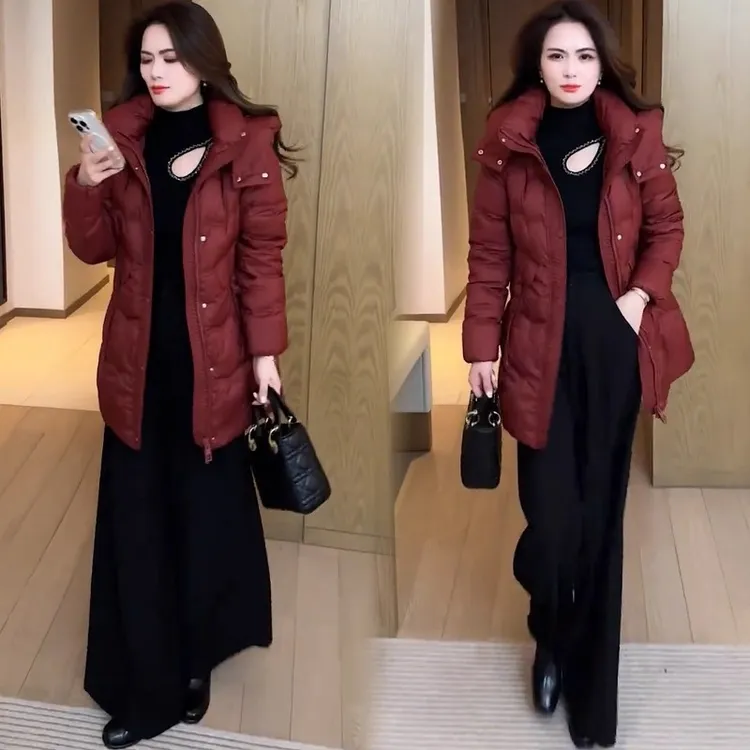 时尚中长款棉衣女2025冬季新款洋气修身显瘦加厚保暖连帽棉服外套