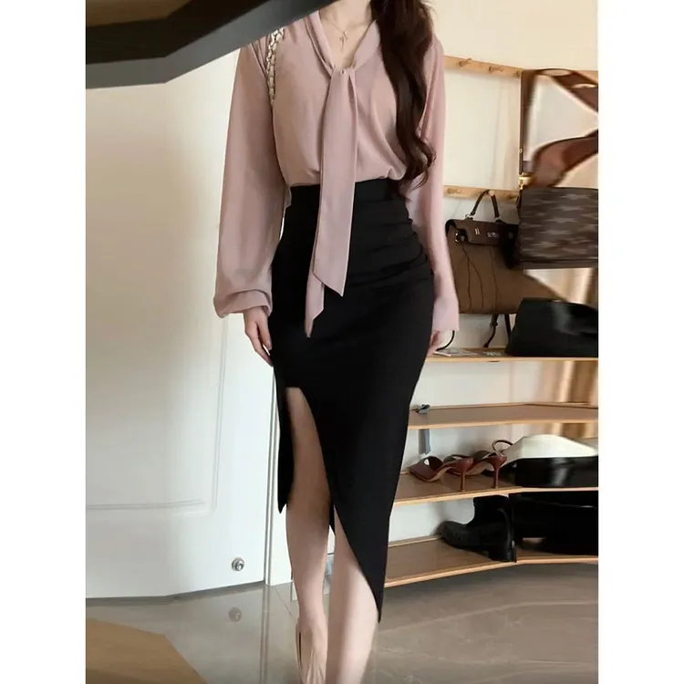 纯欲气质V领长袖飘带衬衫女早秋新款修身显瘦开叉中长裙子两件套