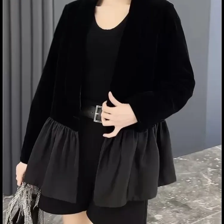 2025春季大码女装时尚丝绒拼接收腰显瘦年轻遮肉气质外套