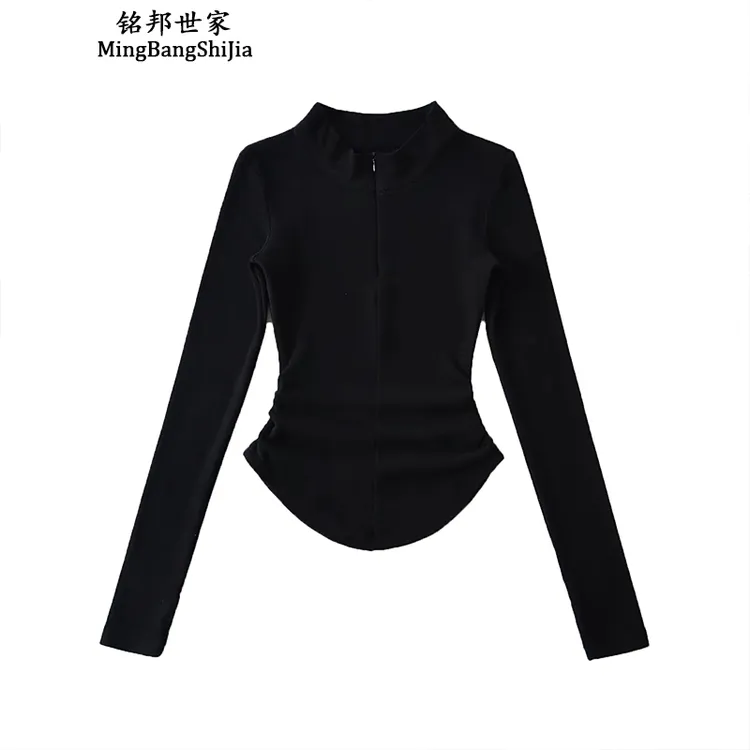 【铭邦世家】半高领拉链打底衫秋冬新款修身加绒褶皱收腰独特上衣女