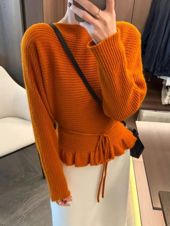 韩系温柔风荷叶边系带收腰针织衫女秋冬季新款百搭气质时尚毛衣潮