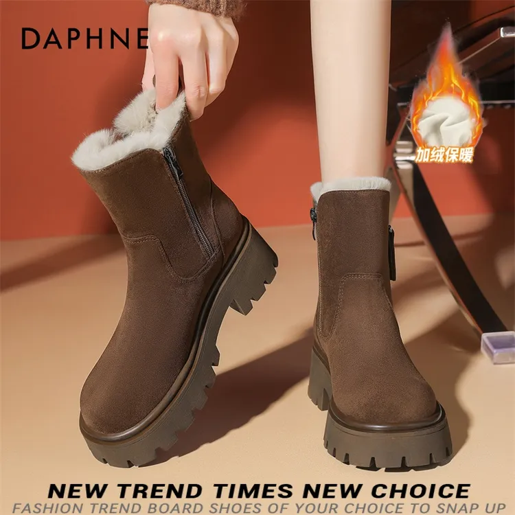 达芙妮厚底雪地靴女2025冬季新款加绒加厚短靴子女保暖东北大棉鞋