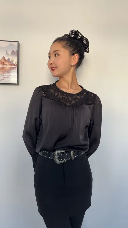 2510拼接蕾丝雪纺长袖上衣淑女气质优雅设计洋气女装