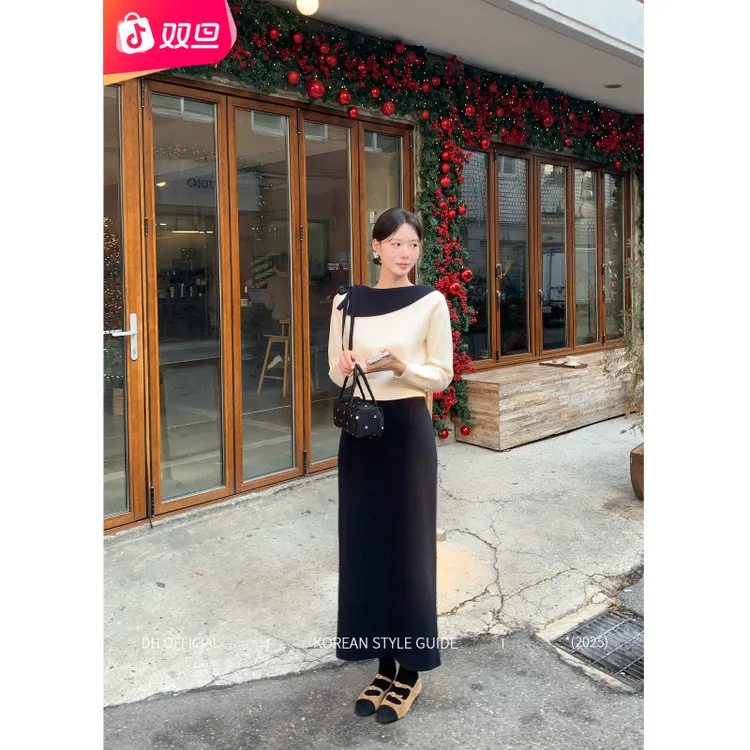 DH 大花的双旦【香氛恋人】优雅气质蝴蝶撞色毛衣直筒半裙毛织套装