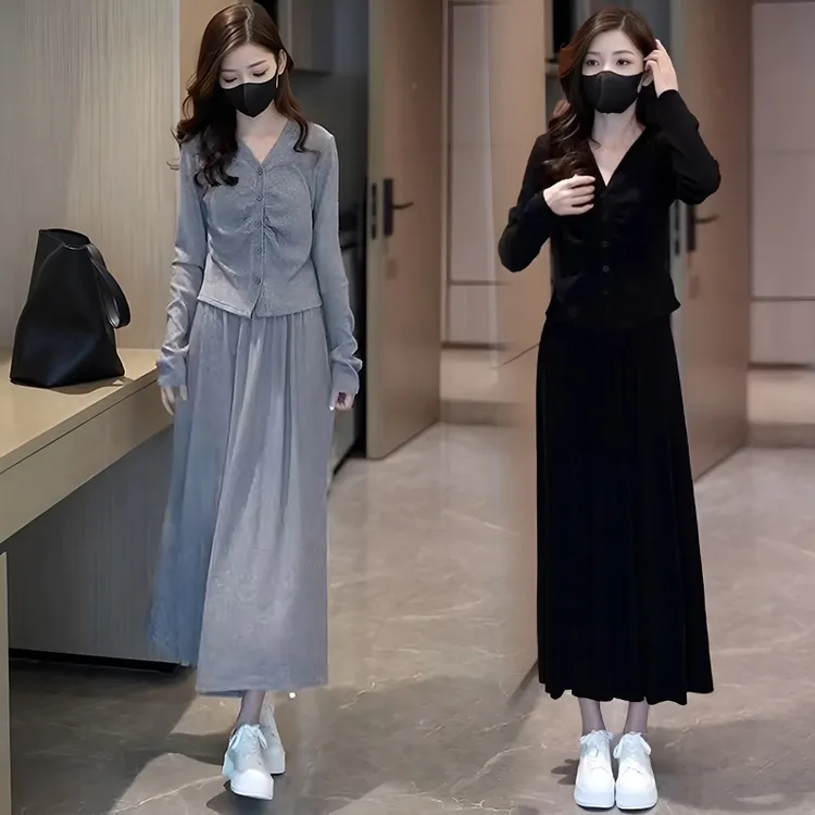 2025春夏新款休闲开衫上衣休闲高腰中长裙显瘦修身两件套套装