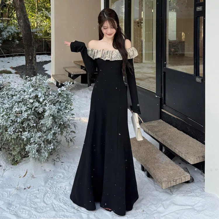 【包包专属运补6-8r】法式赫本风氛围感秋冬连衣裙2025气质修身绑带收腰长裙