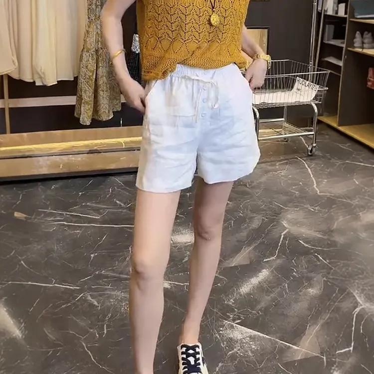 2025夏季女薄款时尚百搭四分短裤大码爆款高腰显瘦亚麻抽绳休闲裤