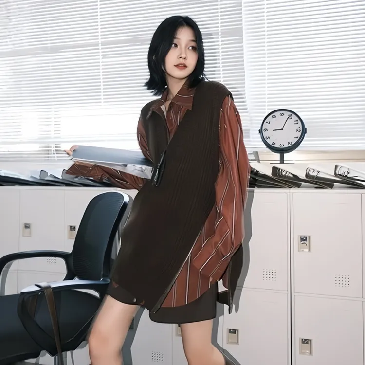 V领无袖背心针织马甲2025秋冬大码胖MM百搭条纹叠穿背心女士外塔