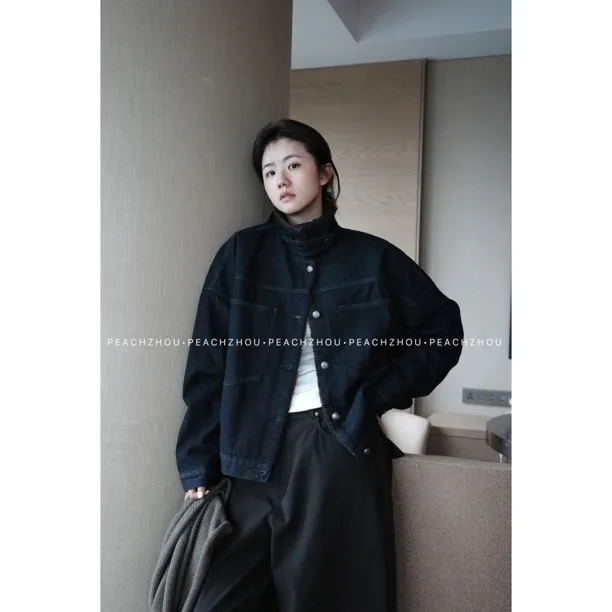 『PEACHZHOU』超柔麦穗绒贴袋宽松翻领立领两用美式休闲牛仔外套