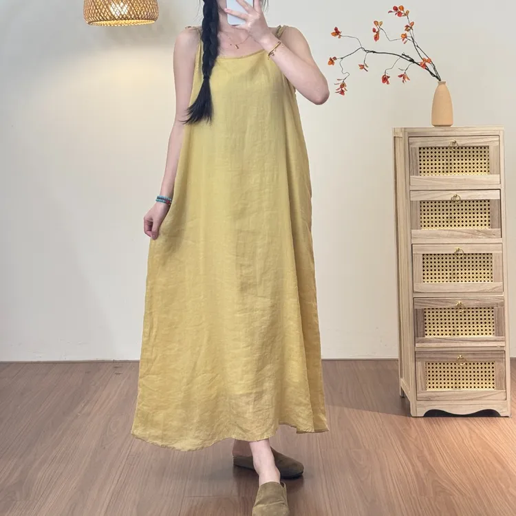 2025新中式国风夏季苎麻吊带连衣裙文艺时尚