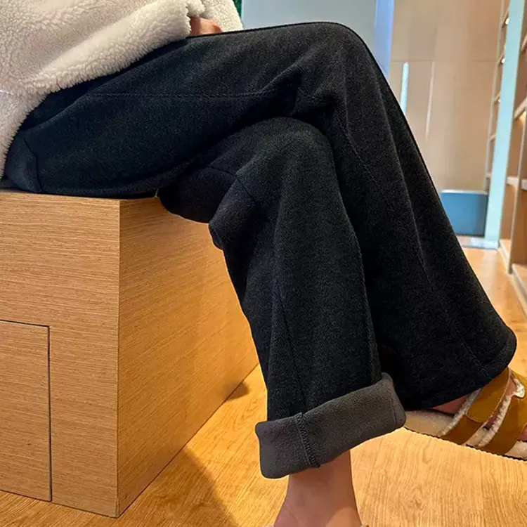 抽绳奶杏色人字纹毛呢阔腿裤女春秋冬2025新款宽松高腰加绒直筒裤