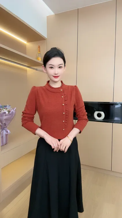 秋冬洋气木耳边加绒保暖长袖女士百搭显瘦衬衣小衫纯色打底衫上衣