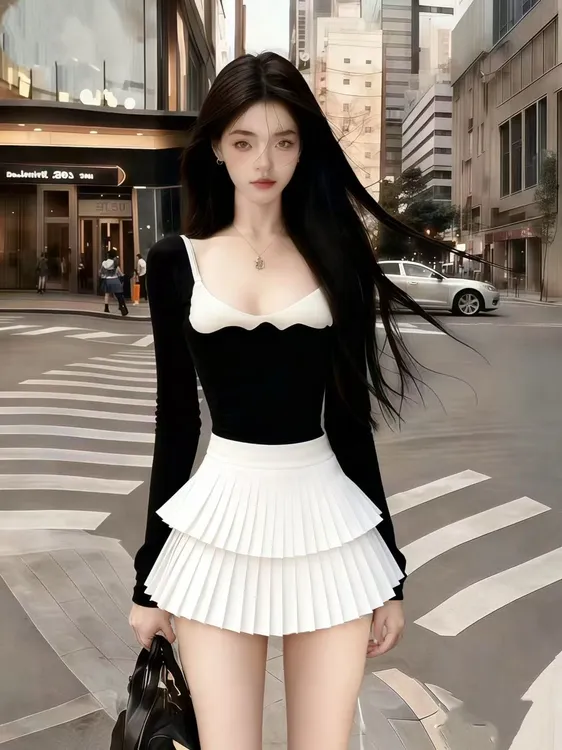 新款时尚少女风黑色U领长袖修身上衣+白色设计感百褶半身裙两件套