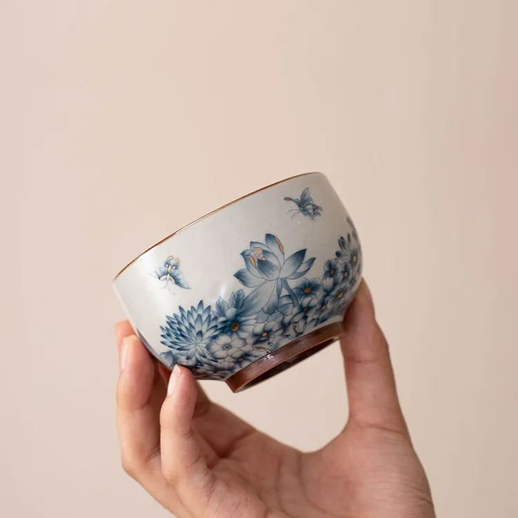 汝窑蝶恋花铜钱大号主人杯中式家用陶瓷青花开片茶具杯子茶杯描金