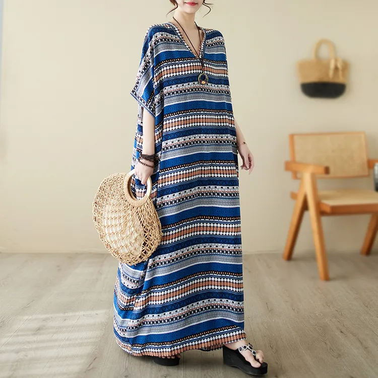 外贸撤柜尾货民族风印花短袖连衣裙女夏季宽松大码条纹棉麻长裙潮