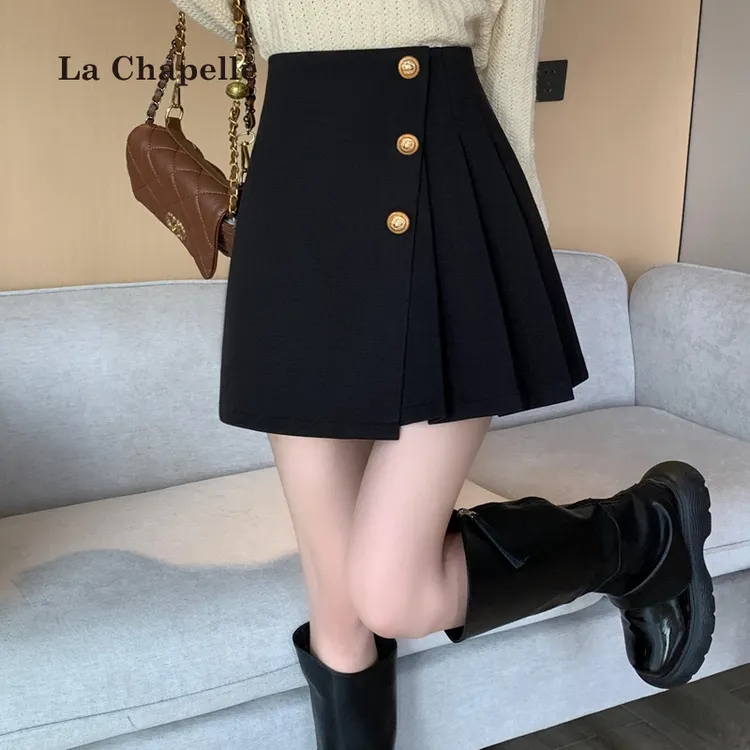 拉夏贝尔不规则显瘦高腰包臀A字裙半身裙女2025秋冬季百褶裙短裙