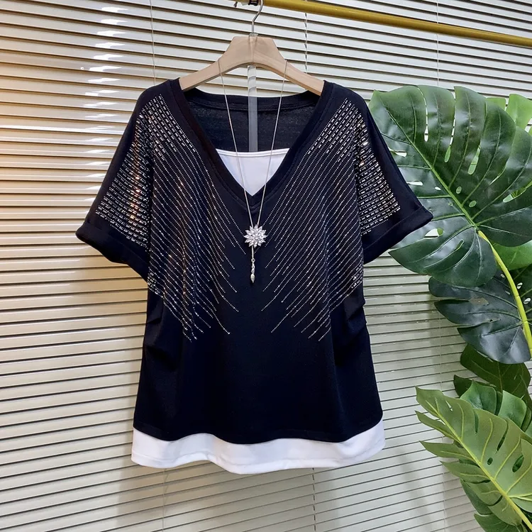 夏季新款大码女装时尚显瘦烫钻通勤钉珠短袖T恤