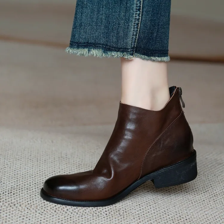 MENEER-M 2025秋冬简约巨柔软真皮平粗跟气法式小踝靴女复古百搭
