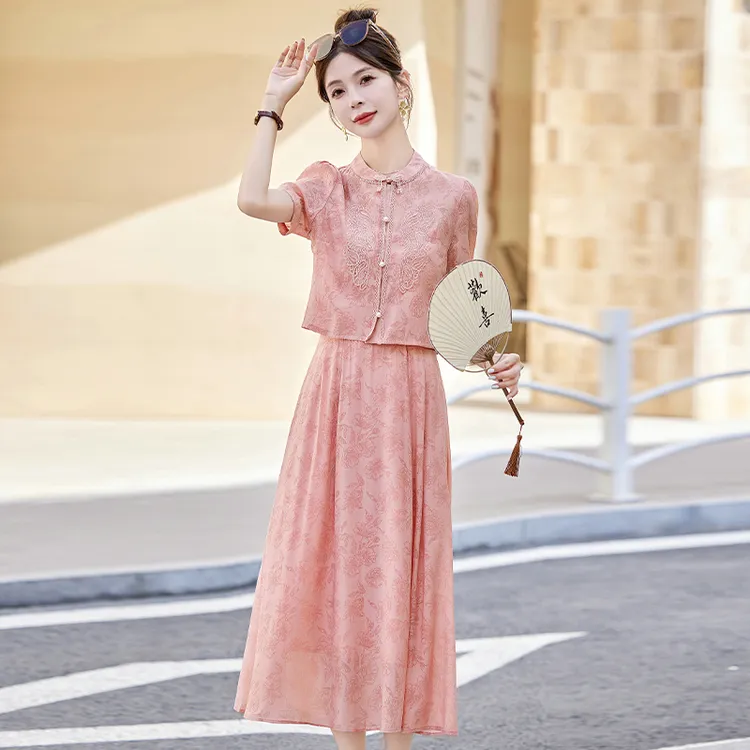 高级感新中式国风两件套装连衣裙女装2025新款夏小个子时尚长裙子