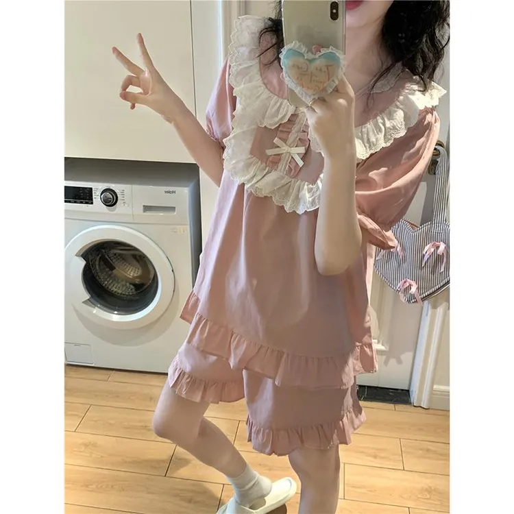 GPSUNLU夏季韩版甜美宫廷风蝴蝶结短袖短裤蕾丝边家居服睡衣套装