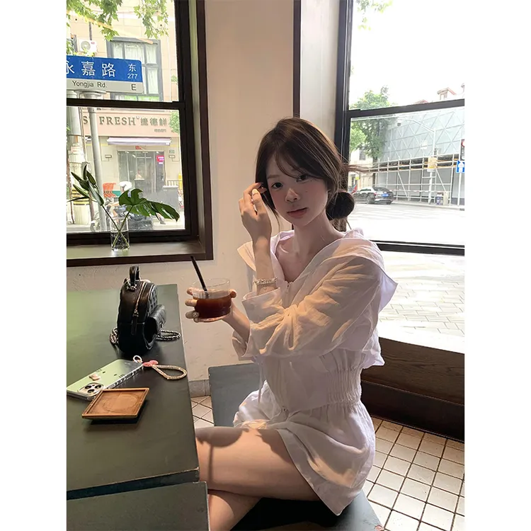 韩系夏天衣服薄款防晒长袖开衫连帽小外套上衣女高腰休闲宽松短裤