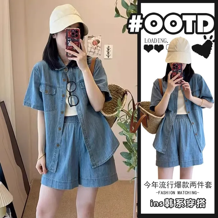 2025夏季新款美式气质宽松短袖牛仔衬衫牛仔短裤酷女孩显瘦套装潮
