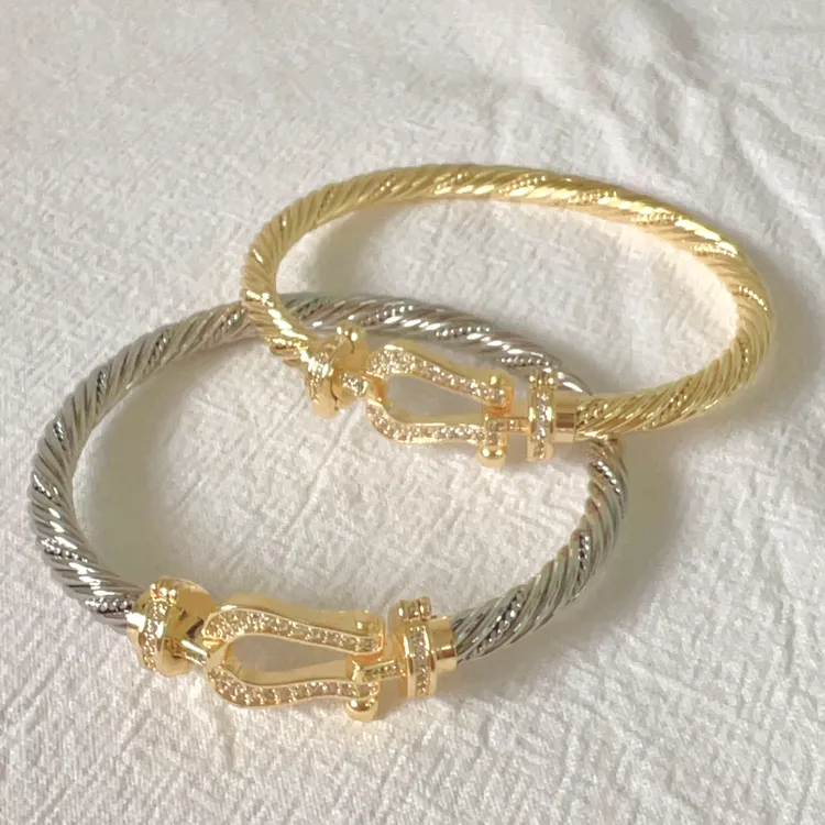 钛钢手镯 马蹄扣弗雷德麻花钢丝手镯满钻手镯金微镶钻情侣马蹄扣