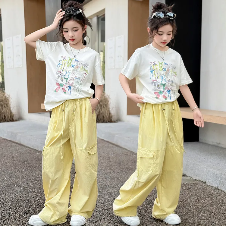 女童短袖套装2025新款大童女孩夏季工装裤两件套儿童夏装洋气上衣