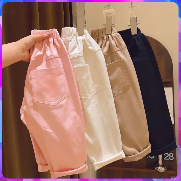 春小女孩洋气裤子女孩春季裤子女童纯色宽松版休闲百搭翻边裤脚工