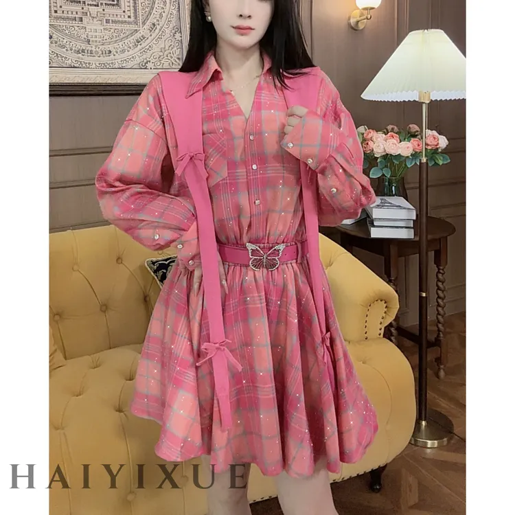 【海哥】减龄桃粉格子衬衣配腰带披肩短裤连衣裙配