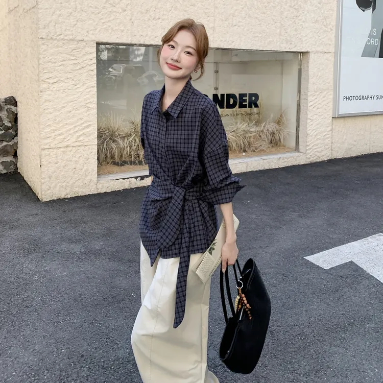 韩系ootd穿搭两件套女秋季新款设计感复古格纹衬衫休闲阔腿裤套装