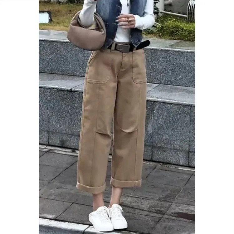 艾塔莉早秋美拉德风卡其色秋季休闲风显瘦直筒裤阔腿裤百搭牛仔裤