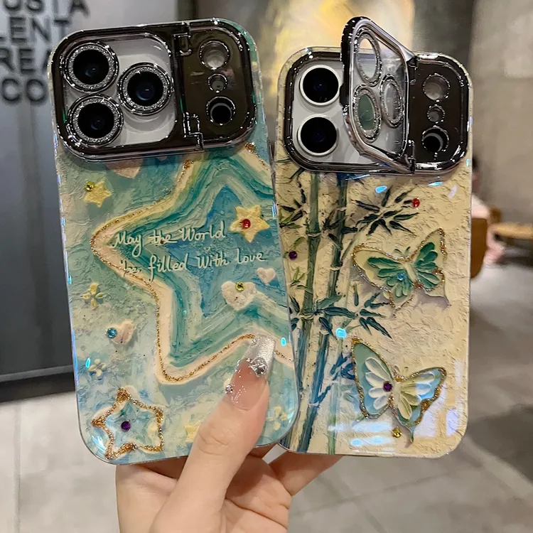 适用苹果系列iPhone17新款手机壳复古风竹叶蝴蝶枪色精孔镜头支架